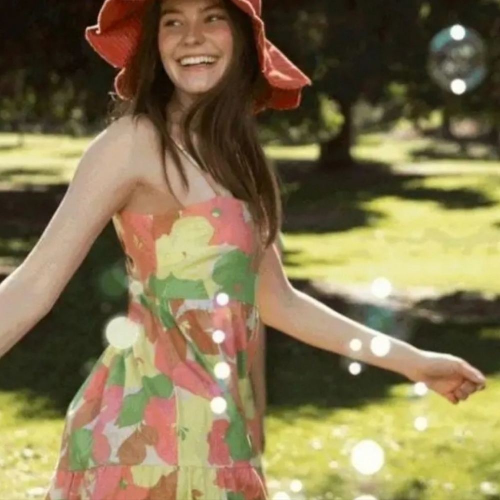 SANCTUARY Getaway Floral Smocked Back Spaghetti Strap Tiered Midi Dress Size L - Picture 5 of 16